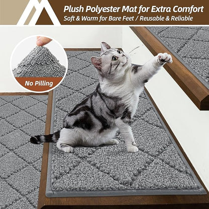 COSY HOMEER Stair Treads for Wooden Steps 9"x28" Washable Indoor Carpet Stair Treads Non Slip Soft Polyester Stair Carpet Tread Reusable Stair Runner Rugs for Kids, Elders,Pets,Medium Grey,4pcs