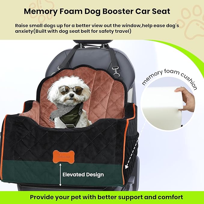 Dog Car Seat for Small Dogs Under 30lbs, Detachable Washable Pet Booster Seat with Safety Belt &amp; Storage Pockets, Travel Car Bed, Black/Brown