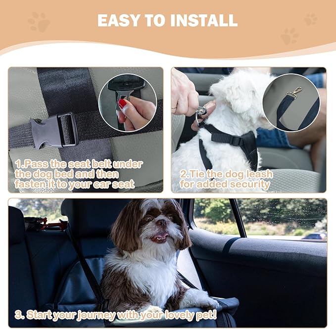 Dog Car Seat for Small Dogs, Large Leather Dog Car Bed with Storage Pocket, Waterproof PVC Leather Booster Seat Travel Bed for Front &amp; Back Seat, Clip-On Safety Leash (Grey)