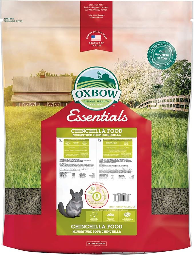 Oxbow Essentials Chinchilla Food, Made Alfalfa, Vitamin &amp; Mineral Rich Food for Chinchillas, Small Animal Pet Pellets, Made in USA, High Fiber, 25 lb Bulk Bag