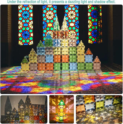 Magnetic Tiles Diamond Series with Lights 4 Pull-Back Metal Cars&amp;7 Airplanes Magnet Tiles Building Block Toy for Kids Educational Construction STEM Toy, Great Gift for Kids Aged 3-8