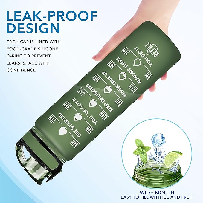 Enerbone Water Bottle, Leakproof BPA &amp; Toxic Free, Motivational Water Bottle with Times to Drink and Straw, Fitness Sports Water Bottle with Strap for Office, Gym, Outdoor Sports