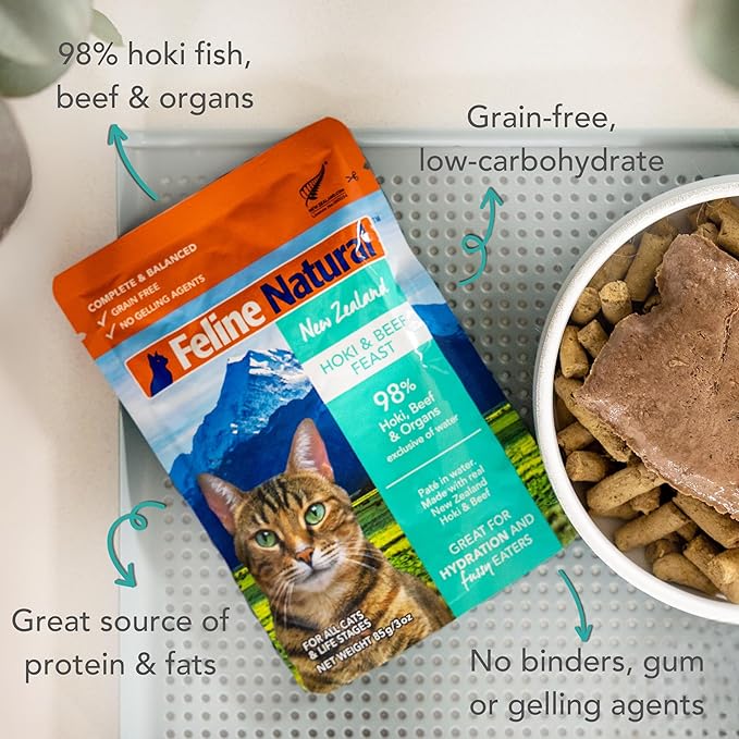 Feline Natural Wet Cat Food Pouch - Hoki &amp; Beef Feast, Grain-Free, Grass-Fed &amp; Sustainably Sourced Wet Food for Cats - Made in New Zealand, 3oz Pate, 12 Count Pack