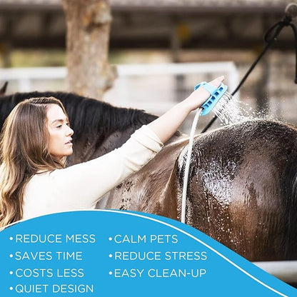 Aquapaw 5-in-1 Horse &amp; Dog Bath Brush &amp; Curry Comb - XL Blue Silicone - Includes 3-ft Shower Hose Attachment &amp; Adapter - Adjustable Spray Scrub Massager - Dog Grooming Supplies