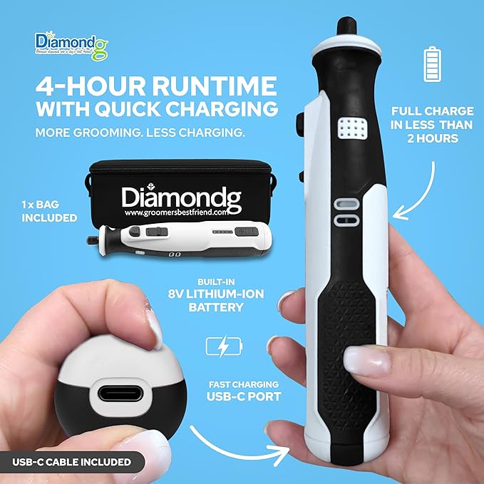 Diamondg Cordless Dog Nail Grinder with Quiet Sound &amp; LED Tip for Large &amp; Small Dogs, 4hrs. Runtime, 2 Bits Included, White