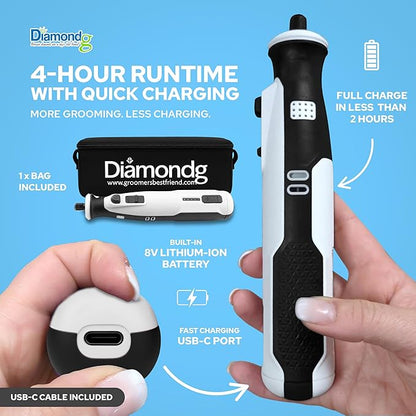 Diamondg Cordless Dog Nail Grinder with Quiet Sound &amp; LED Tip for Large &amp; Small Dogs, 4hrs. Runtime, 2 Bits Included, White