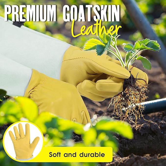 HANDLANDY Rose Gloves for Men &amp; Women, Long Leather Gardening Gloves Thorn Proof, Best Garden Gifts &amp; Tools for Gardener (Yellow-beige, Small (Pack of 1))