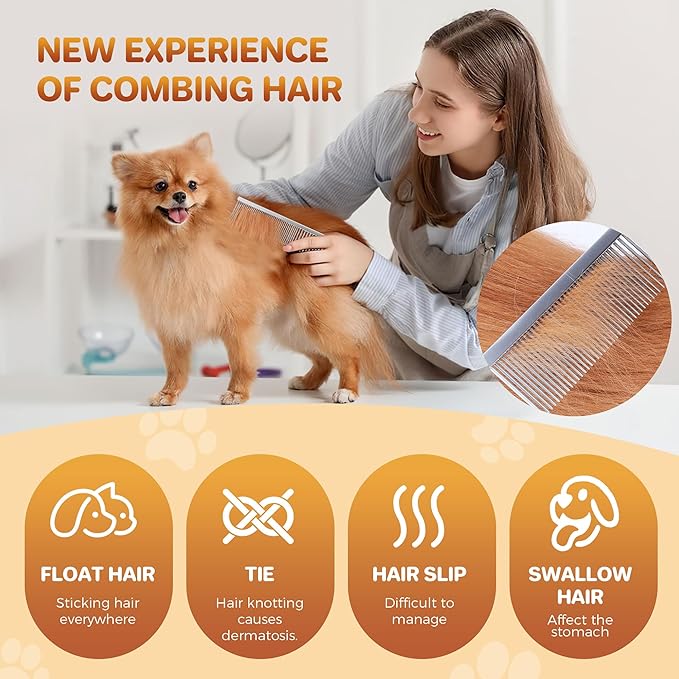 7.5 Inch Professional Stainless Steel Pet Grooming Comb for Dogs &amp; Cats, Wide &amp; Dense Teeth for Removing Tangles, Knots,Undercoat,Flea,Excess Hair, Rounded Corners Design for Safe,Metal Dematting Tool