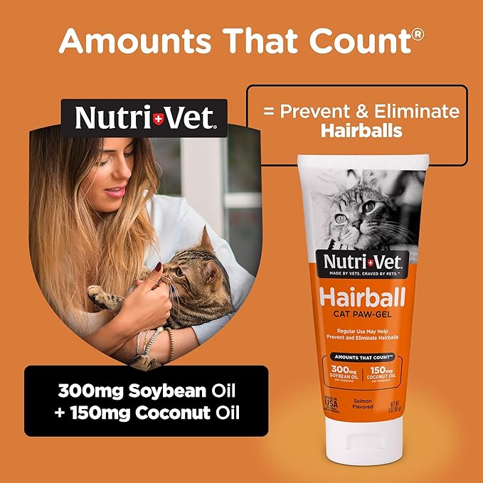 Nutri-Vet Hairball Paw Gel, Cat Hairball Remedy, Kitten Supplies, Hair Ball Relief for Cats, Fur Ball Remedy, Soybean &amp; Coconut Oil, Salmon Flavor, 3 oz
