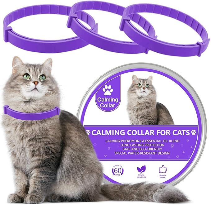 Wustentre 3 Pack Adjustable Anxiety Collar - Cat Calming Pheromones for Cats &amp; Kittens, Stress Reliever - Relaxing Comfortable Collar (Violet)