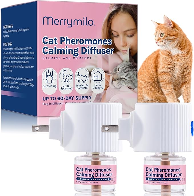 Cat Calming Pheromones Diffuser: 2 Classic Cats Plug in Refill Diffusers for Relaxation &amp; Comfort - Reduce Stress Barking &amp; Scratching - Indoor 60 Days Supply