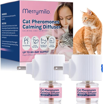 Cat Calming Pheromones Diffuser: 2 Classic Cats Plug in Refill Diffusers for Relaxation &amp; Comfort - Reduce Stress Barking &amp; Scratching - Indoor 60 Days Supply