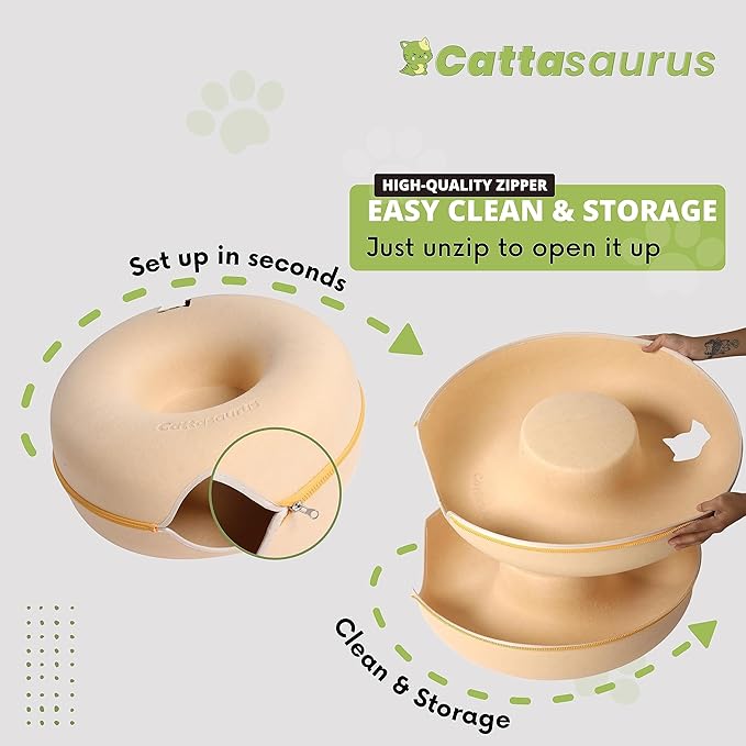 Cattasaurus Peekaboo Cat Cave for Multiple &amp; Large Cats Up to 30-45 Lbs, Scratch Detachable &amp; Washable Tunnel Bed, Comfy Donut Cat Cave (Pastel Macaron, Large)