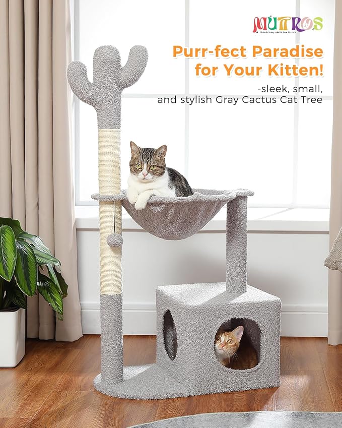 Cactus Cat Tree Cat Scratching Post 40" Cat Tower with Large Metal Carpet Hammock, Cat Scratching Post for Indoor Cats with Condo&amp; Dangling Ball, Grey