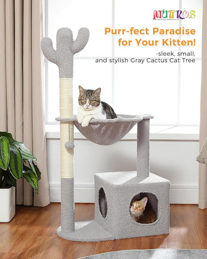 Cactus Cat Tree Cat Scratching Post 40" Cat Tower with Large Metal Carpet Hammock, Cat Scratching Post for Indoor Cats with Condo&amp; Dangling Ball, Grey
