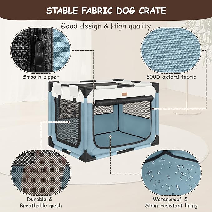 Dog Crate - Soft Pet Kennel for Dogs/Cats, 3-Door Breathable Travel Cage with Mesh Window, Portable Dog Kennel for Indoor &amp; Outdoor, Blue-XL