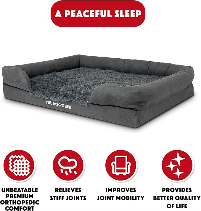 The Dog’s Bed, Large Grey Fur, Memory Foam, Pain Relief: Arthritis, Hip &amp; Elbow Dysplasia, Post Surgery, Lameness, Supportive, Calming, Waterproof Washable Cover, Veterinary Approved