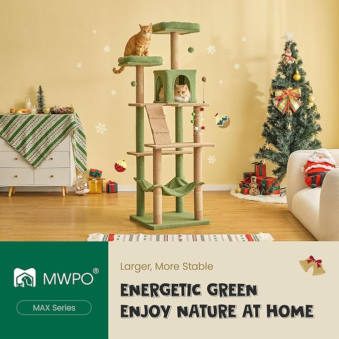 MWPO 70.1-Inch Green Large Cat Tree, Multi-Level Tall Cat Tower for Indoor Cats, Plush Cat Condo with Big Padded Perches, Sisal-Covered Scratching Posts, Hammock, Toys for Kittens &amp; Cats
