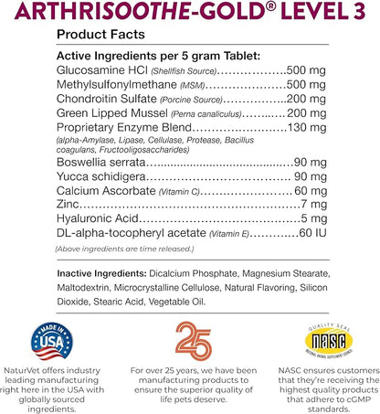 NaturVet – ArthriSoothe-GOLD – Level 3 Advanced Joint Care | Clinically Tested to Support Connective Tissue, Cartilage Health &amp; Joint Movement | Enhanced with Glucosamine, MSM, Chondroitin &amp; Green Lipped Mussel | For Dogs &amp; Cats | 120 Chewable Tablets
