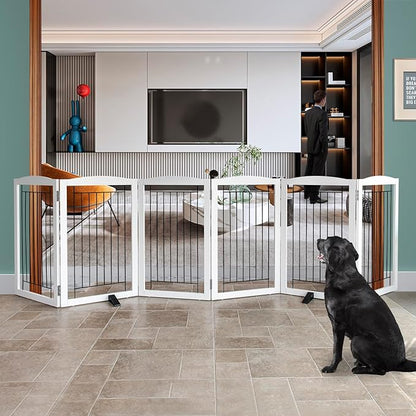 ZJSF Freestanding Dog Fence Indoor, Foldable Dog Gate for Doorways, Stairs or Hallways, Sturdy Wood Extra Wide Pet Gate with Support Feet for The House, White, 32 "Height-6 Panels