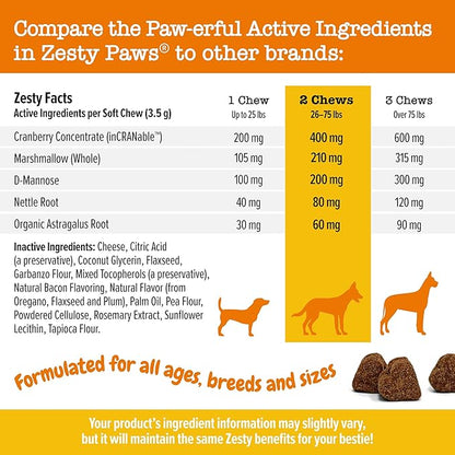 Zesty Paws Cranberry Supplement for Dogs - Bladder Control for Dogs - Urinary Tract Support - Cranberry Chews with D-Mannose, Vitamin B6 &amp; L-Arginine - Immune &amp; Gut Support - Bacon - 90 Count