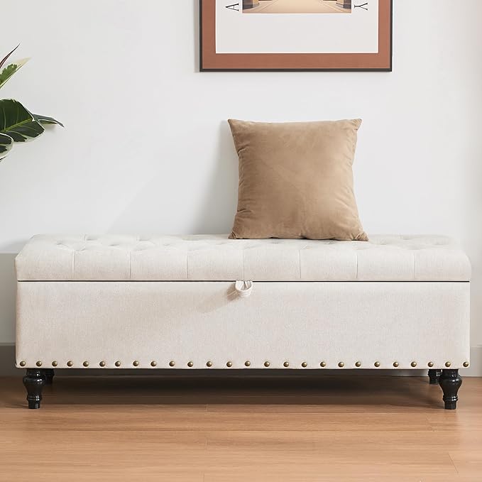 Mangodan51” Linen End of Bed Storage Bench, Tufetd Upholstered Storage Ottoman Bench with Safety Hinge, 330 lb Large Ottoman with Storages for Living Room, Entryway &amp; Bedroom, Window Benches, Beige