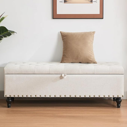 Mangodan51” Linen End of Bed Storage Bench, Tufetd Upholstered Storage Ottoman Bench with Safety Hinge, 330 lb Large Ottoman with Storages for Living Room, Entryway &amp; Bedroom, Window Benches, Beige