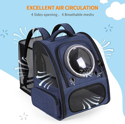 Extension Cat Carrier Backpack with Transparent Bubble Window,Dogs Backpack Carrier with Breathable Mesh Travel Bag, Portable Space Capsule Design with Foldable for Pets (Blue)