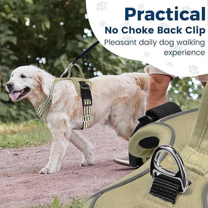 Funfox Dog Harness No Pull, Adjustable Pet Vest Harness, Super Soft Material with Vertical Handle Easy Control, Reflective Night Walking, 2 Leash Clips for XLarge Dogs, Army Green, XL