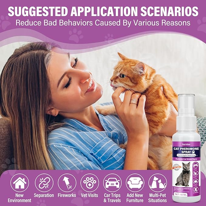 Cat Calming Pheromone Spray, 2 Pack, Calming Spray for Cat Anxiety Relief, Reduce Stress, Hiding &amp; Scratching Furniture - During Travel, Fireworks, Thunder, 60 ML