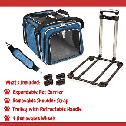 Airline Approved Expandable Premium Pet Carrier on Wheels- Two Sided Expandable Rolling Carrier- Designed for Dogs &amp; Cats- Extra Spacious Soft Lined Carrier! (Blue)