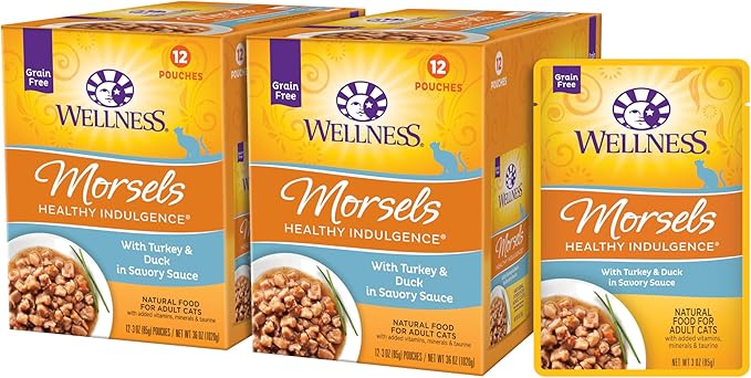 Wellness Healthly Indulgence Morsels Adult Wet Cat Food, Natural, Protein-Rich, Grain Free, 3 Ounce Pouch, 24 Pack, (Turkey &amp; Duck)