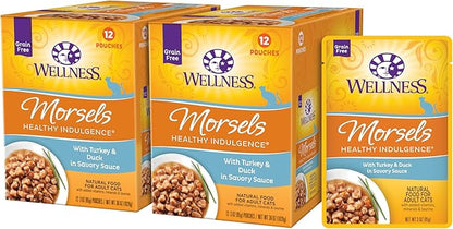 Wellness Healthly Indulgence Morsels Adult Wet Cat Food, Natural, Protein-Rich, Grain Free, 3 Ounce Pouch, 24 Pack, (Turkey &amp; Duck)