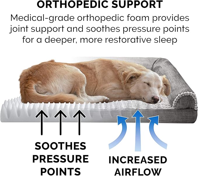 Furhaven Orthopedic Dog Bed for Large/Medium Dogs w/ Removable Bolsters &amp; Washable Cover, For Dogs Up to 55 lbs - Luxe Faux Fur &amp; Performance Linen Sofa - Charcoal, Large
