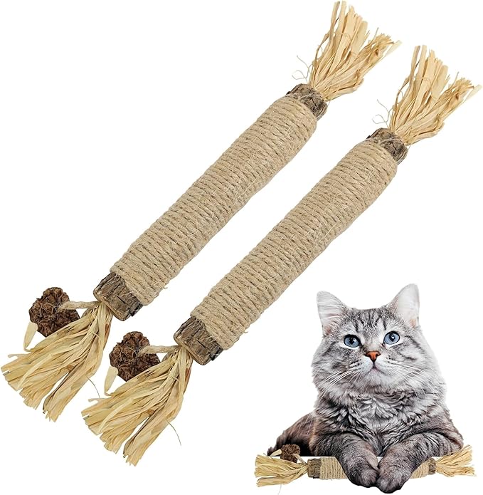 Catnip Silvervine Sticks for Cats | Silver Vine Chew Toy or Cat Chew Stick | Kitten Teething Toys | Cat Dental Chew with Cat Raffia Grass for Healthy Teeth &amp; Digestion | Silvervine Cat Toy | 2 Sticks