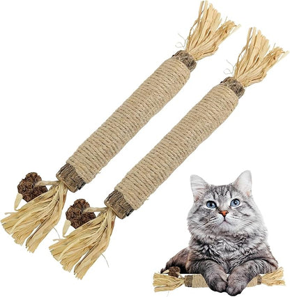 Catnip Silvervine Sticks for Cats | Silver Vine Chew Toy or Cat Chew Stick | Kitten Teething Toys | Cat Dental Chew with Cat Raffia Grass for Healthy Teeth &amp; Digestion | Silvervine Cat Toy | 2 Sticks