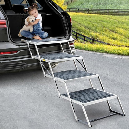 Dog Stairs for Car, Extra Wide Stairs for Large Dogs, Pet Steps Aluminum Foldable Dog Steps for Cars and SUV, High Beds, Trucks, Supports up to 200 lbs (Extra Wide-4 Steps)