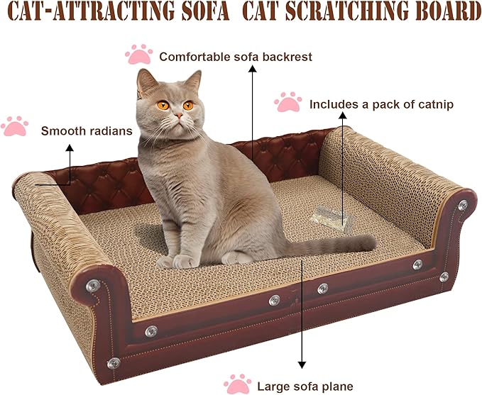 Scratching Sofa, Couch Shaped Thick Scratching Cardboard, Lounge Bed for Indoor Rest&amp;Play, Sofa Scratcher Pad (Brown, 22.4" L X 12.2" W X 6.3" H)