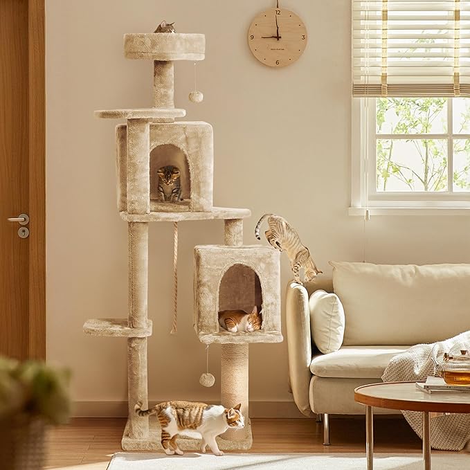 59in Large Cat Tree Tower for Indoor Cats with Soft Plush Hang Ball, Two Condos, Sisal Scratch Posts &amp; Rope Play for Kittens/Adult Cats, New Beige