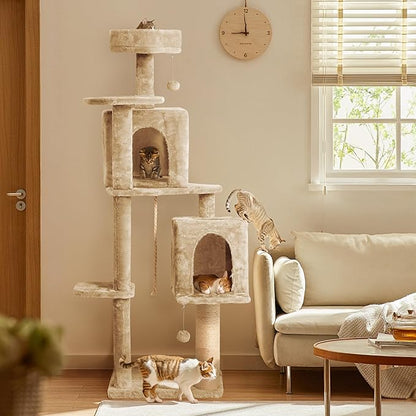 59in Large Cat Tree Tower for Indoor Cats with Soft Plush Hang Ball, Two Condos, Sisal Scratch Posts &amp; Rope Play for Kittens/Adult Cats, New Beige