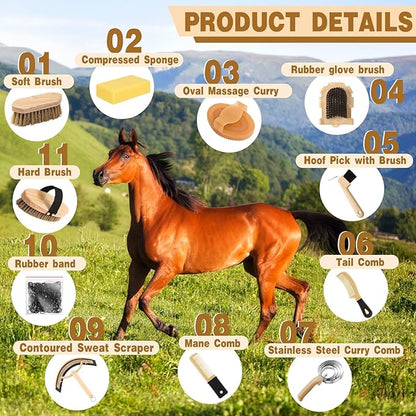 Abbylike 12 Pieces Horse Grooming Kit Racing Festival Tack Room Supplies Horse Brush Sets Equine Care Cleaning Kit Shedding Grooming Massaging Tools(Khaki)