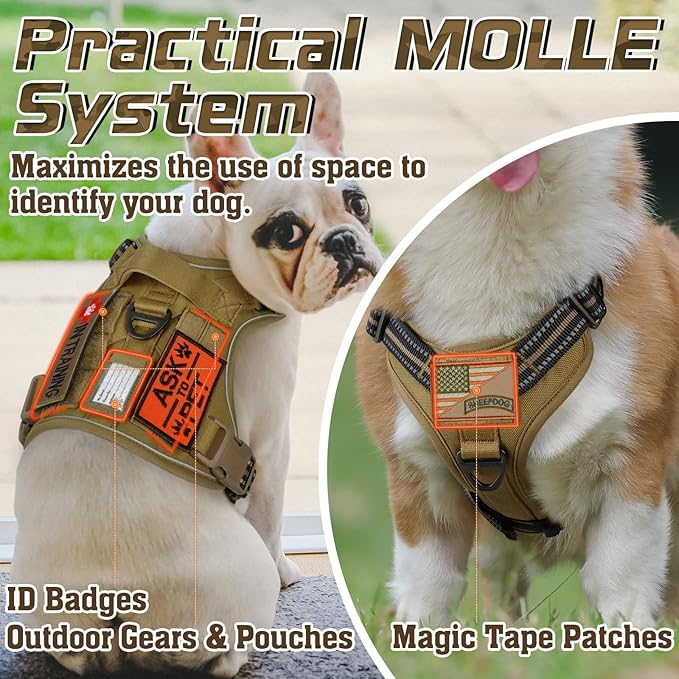 rabbitgoo Tactical Dog Harness for Small Dogs, No Pull Military Service Vest with Handle &amp; Molle, Easy Control for Training Walking, Adjustable Reflective Straps, Brown, S