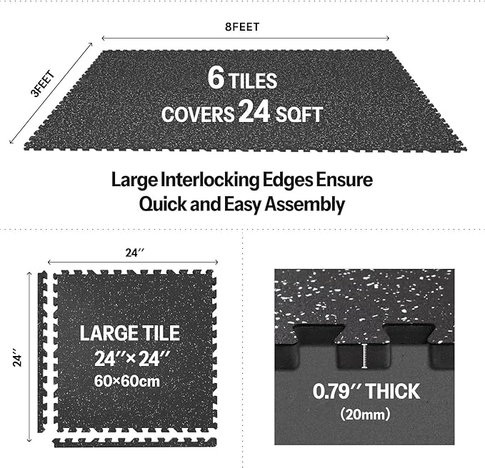 AIRHOP 0.79in Thick 24 Sq Ft Exercise Equipment Mats, 6 Tiles Upgraded Rubber Top with High Density EVA Foam, Large Interlocking Puzzle Gym Flooring for Home Gym, Heavy Weight Workout,Black &amp; White