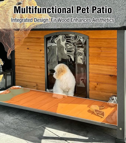 Extra Large Dog House Outdoor for Large Dogs, Insulated Dog House with Metal Frame, Waterproof Dog Shelter with Asphalt Roof, PVC Curtain &amp; Multifunctional Patio, Indoor Outdoor Use