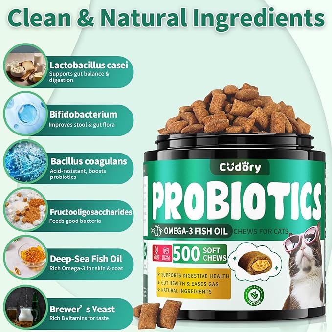 Cat Probiotics Tasty Chews for Digestive &amp; Gut Support - Crunchy &amp; Creamy Texture - Cat Gut Health, Constipation Relief, Healthy Stool, Natural Supplement for Cats, Chicken Flavor - 500 Chews