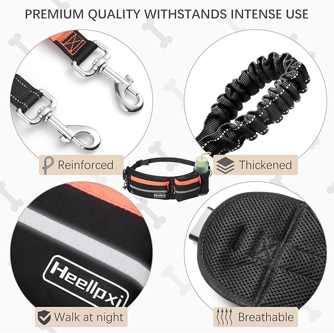 Hands-Free Waist Leash with Pouch for Two Dogs: Reflective Stitching, Dual Handle &amp; Bungee Retractable Design – Ideal for Medium to Large Dogs (Orange) – Dog Walking Accessories