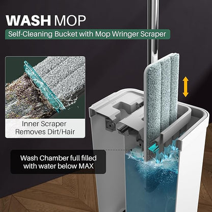 JOYMOOP Mop and Bucket with Wringer Set, White Flat Squeeze Mop Bucket Set for Floor Cleaning, Wet Dry Mop for Walls, Wall Cleaner with Long Handle, Hardwood Floor Mop-5 Microfiber Cloths