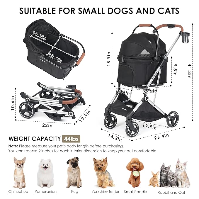 T3 Pro 3-in-1 Small Pet Stroller for Dog &amp; Cats, 4 Wheels with Detachable Carrier with Pad, Canopy and Cup Holder (Black)