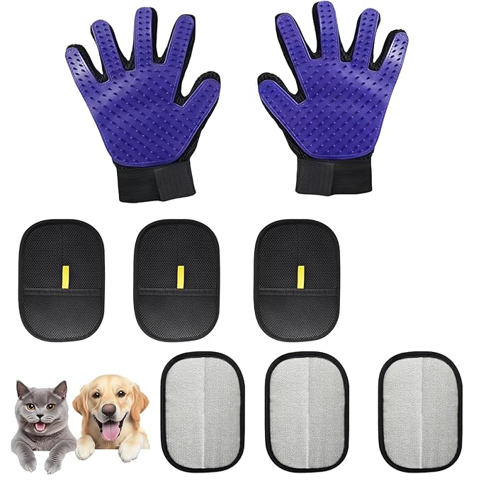 8 Pcs Pet Grooming Gloves for Shedding – 6x Reusable Cat &amp; Dog Hair Removal Gloves+ 1 Pair 2-in-1 Deshedding Brush &amp; Massage Mitt – Safe for Dogs &amp; Cats, Efficient (Blue)