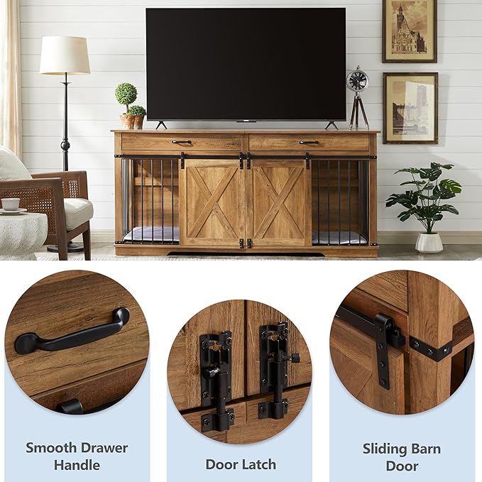 72.5" Extra Large Furniture Style Double Dog Crates for Large Breeds, XXL Wooden Dog Kennel Furniture with Drawers, Divider, Water Resistant &amp; Barn Door for 2 Dogs, Rustic Oak